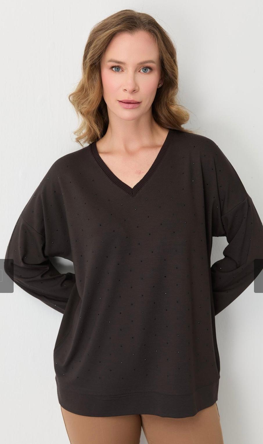V YAKA TAŞLI BLUZ  #30442